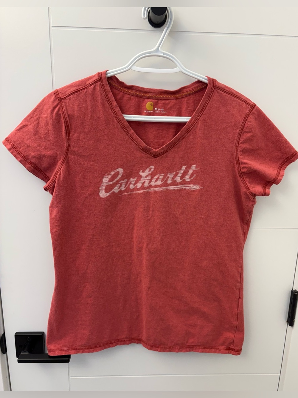 Carhartt Women's V-Neck Logo Tee in Coral Red